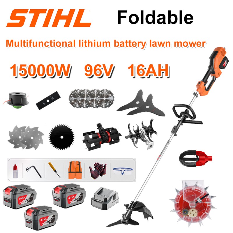 15000W bezuhlíková kosačka na trávu + lítiová batéria 96V/16AH * 3 + kotúč píly * 4 + kotúč priamočiarej píly + kotúč na plienke + pletacie lano * 20 + kotúč s tromi kotúčmi * 2 + kotúč píly z oceľ plienok + Hlava pluhu + Original Double rýchlonabíjačka + hlava na zber ovocia + sejacia hlava + ďalšie príslušenstvo + záruka desať rokov