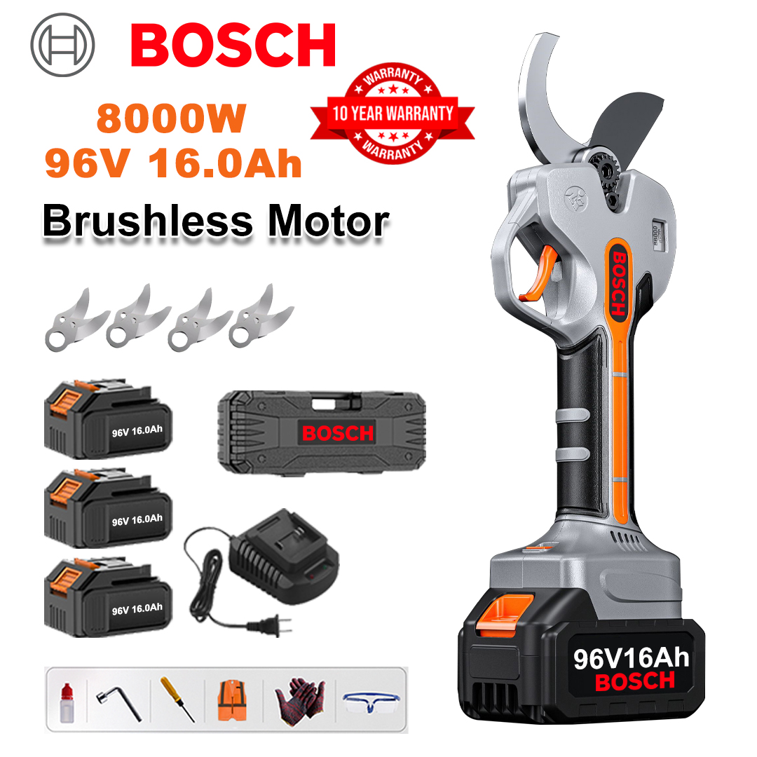 8000W bezkefkové záhradnícke nožnice s lítiovou batériou + 96V 16Ah batéria*3 + čepeľ zo zliatiny Sk9*4 + nabíjačka + LED displej napájania + krabička s náradím + mazací olej + ochranné okuliare + 10-ročná záruka