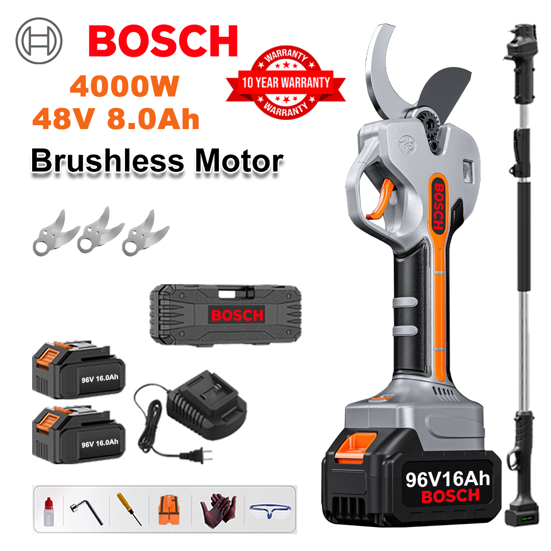 [Predlžovacia tyč 1,5 – 5 m] Bezuhlíkové záhradnícke nožnice s lítiovou batériou 4000 W + 2x batéria 48 V 8 Ah + 3x zliatinová čepeľ SK9 + nabíjačka + LED displej napájania + krabička s náradím + mazací olej + ochranné okuliare + 10-ročná záruka
