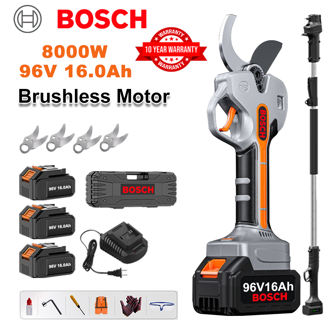 [Predlžovacia tyč 1,5 – 5 m] Bezkefkové záhradnícke nožnice s lítiovou batériou 8000 W + 3 ks batérie 96 V 16 Ah + 4 ks zliatiny Sk9 + nabíjačka + LED displej + krabička s náradím + mazací olej + ochranné okuliare + 10-ročná záruka