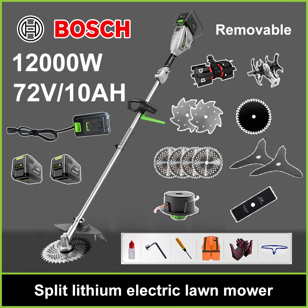 12000W bezkefová kosačka na trávu + lítiová batéria 96V/10AH * 2 + kotúč na okružnú pílu * 4 + rovný pílový kotúč + odstraňovací kotúč + odstraňovacie lano * 20 + trojitý nôž * 2 + oceľový pílový kotúč + pílový kotúč z legovanej ocele * 2 + pílový kotúč + hlava pílového kotúča + originálna dvojitá rýchlonabíjačka + ďalšie príslušenstvo + desaťročná záruka