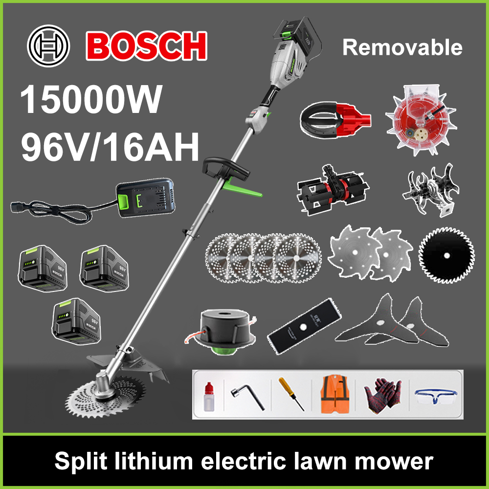 15000W bezkefová kosačka na trávu + lítiová batéria 96V/16AH * 3 + kotúč na okružnú pílu * 4 + rovný pílový kotúč + odstraňovací kotúč + odstraňovacie lano * 20 + trojitý nôž * 2 + oceľový pílový kotúč + zliatinový nôž * 2 + pílová hlava + pílový kotúč + originálna dvojitá rýchlonabíjačka + hlava na zber ovocia + sejacia hlava + ďalšie príslušenstvo + desaťročná záruka