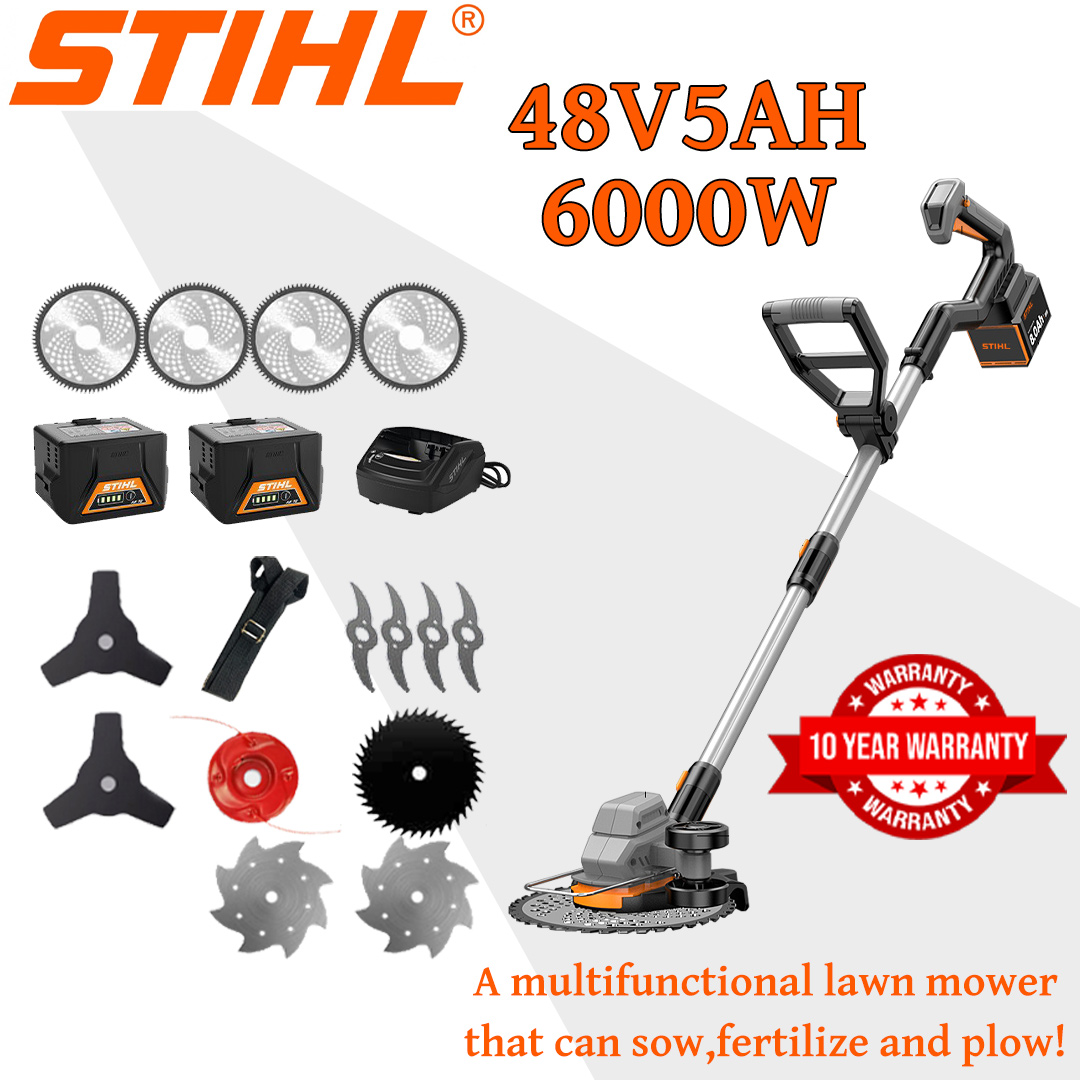 [Aktualizovaný model] Sekačka na trávu (6000w48V5AH) + kultivátor *1 + hliníkový nůž *2 + hliníkový pilový kotouč *2 + hliníková řezná hlava *1 + trojitý nůž *1 + nůž s ochranou proti zablokování *1 + nabíječka + baterie *1 + řemen *1 + další příslušenství + 5letá záruka