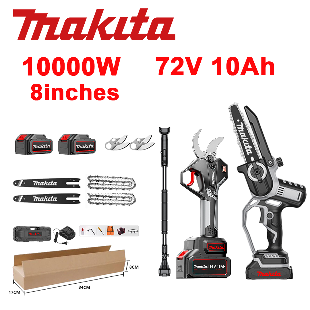 LED indikátor napájania (výdrž batérie: 10 hodín). 8-palcová 10 000 W lítium-iónová reťazová píla + záhradnícke nožnice + 72 V 10,0 Ah batérie*2 + nabíjačka + vodiace tyče*2 + reťaze*2 + čepele zo zliatiny SK9*2 + teleskopická tyč*1 (teleskopická 150 cm – 450 cm) + box na náradie + mazací olej + ochranné okuliare, 10-ročná záruka.