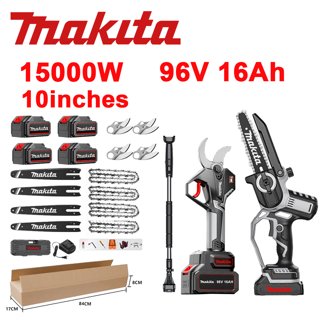 LED indikátor napätia (výdrž batérie: 36 hodín). 10-palcová 15 000 W lítium-iónová reťazová píla + záhradnícke nožnice + 96 V 16,0 Ah batérie*4 + nabíjačka + vodiace tyče*4 + reťaze*4 + čepele zo zliatiny SK9*4 + teleskopická tyč*1 (výsuvná od 150 cm do 450 cm) + box na náradie + mazací olej + ochranné okuliare, 10-ročná záruka.