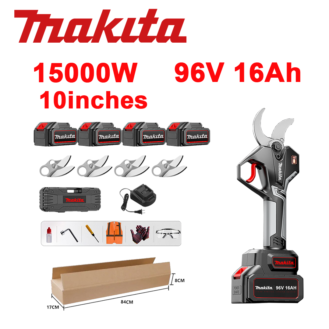 10-palcové bezkefkové záhradnícke nožnice s lítiovou batériou, výkon 15 000 W, batéria 96 V 16,0 Ah*4, nabíjačka, čepeľ SK9*4, box na náradie, mazací olej a ochranné okuliare, päťročná záruka.