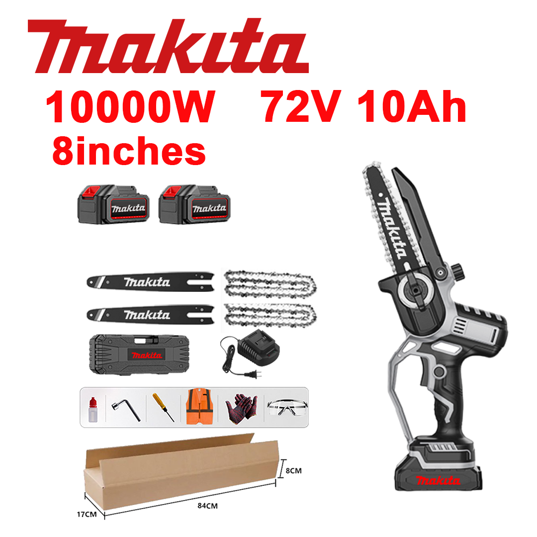 10-palcová bezkefová lítium-iónová reťazová píla, výkon 10 000 W, 2 batérie 72 V 10,0 Ah, nabíjačka, 2 vodiace lišty, 2 reťaze, bedňa na náradie, mazací olej a ochranné okuliare, päťročná záruka