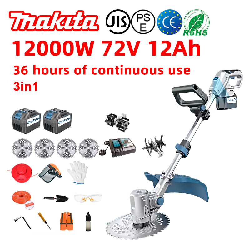 (Výdrž batérie 24 hodín) Bezkefová kosačka na trávu 12 000 W*1 + batéria 72 V 12,0 Ah*2 + nabíjačka*1 + bočné koleso*1 + pomocné koleso*1 + kotúče do okružnej píly*4 + pluh*1 + rezacie lano*1 + rezný kotúč*1 + lopata*1 + rukavice na skrutkovač*1 + skrutkovač*1 + rukavice*1 + plochý skrutkovač*1 + skrutka*1 + ochranný odev*1 + mazací olej*1 + krabička na náradie*1