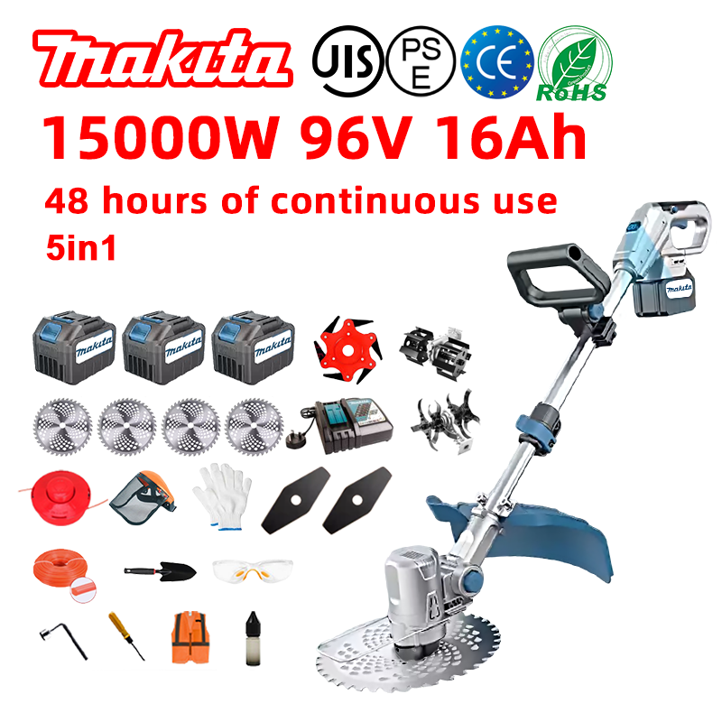 [Výdrž batérie 36 hodín] Bezuhlíková kosačka na trávu 15 000 W * 1 + batéria 96 V 16,0 Ah * 3 + nabíjačka * 1 + bočné koleso * 1 + pomocné koleso * 1 + pluh * 1 + kotúče do kotúčovej píly * 4 + kotúče do rovnej píly * 2 + kotúč do píly z ľahkej zliatiny * 1 + kotúč + 1 rezný kotúč + 1 kotúč * 1 + rukavice * 1 + ochranné okuliare * 1 + prilba * 1 + skrutkovač * 1 + pravouhlá skrutka * 1 + ochranný odev * 1 + mazací olej * 1 + škatuľa s náradím * 1